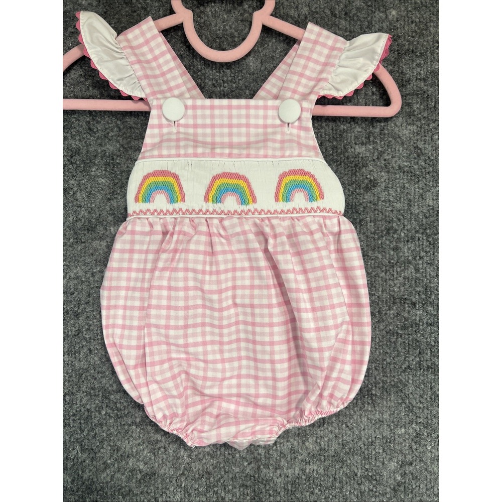 Classic Whimsy Pink Gingham Smocked Rainbow Bubble Romper - Size 6M